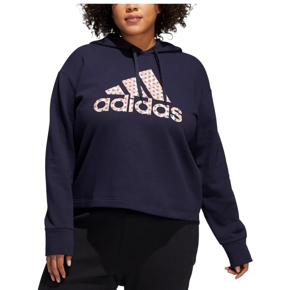 Adidas Women Plus Size 3X Navy Polka Dot Logo Cropped Hoodie Sweatshirt‎